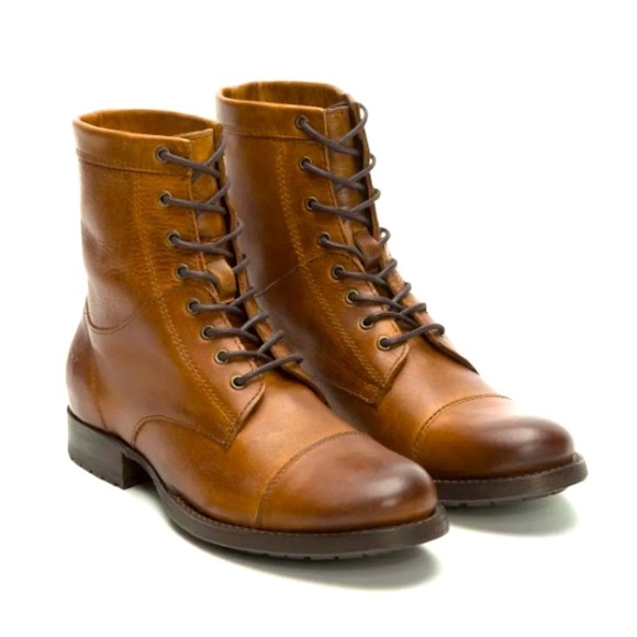 Frye Erin Lug Work Lace Up Combat Cognac Brown Leather Winter Fall Ankle Boot - Picture 4 of 16